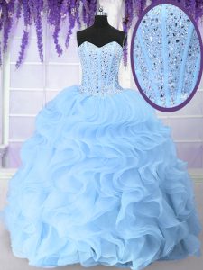 Sweetheart Sleeveless Quinceanera Dress Floor Length Beading and Ruffles Light Blue Organza