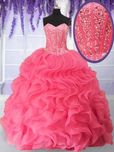 Sweetheart Sleeveless Lace Up Sweet 16 Dress Rose Pink Organza