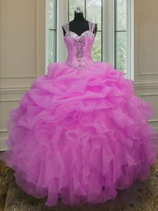 New Arrival Straps Floor Length Zipper Sweet 16 Dresses Lilac for Military Ball and Sweet 16 and Quinceanera with Beadin