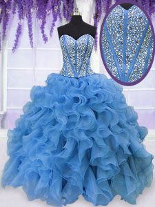 High End Baby Blue Sweetheart Lace Up Beading and Ruffles 15 Quinceanera Dress Sleeveless