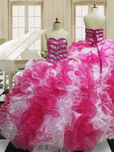 Sweetheart Sleeveless Ball Gown Prom Dress Floor Length Beading and Ruffles Pink And White Organza