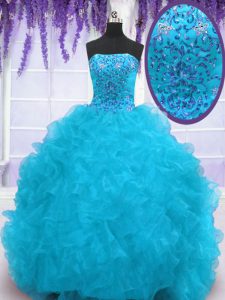 Aqua Blue Organza Lace Up 15th Birthday Dress Sleeveless With Brush Train Beading and Ruffles