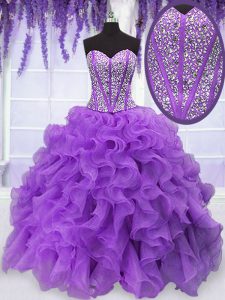 Organza Sweetheart Sleeveless Lace Up Beading and Ruffles Sweet 16 Quinceanera Dress in Purple