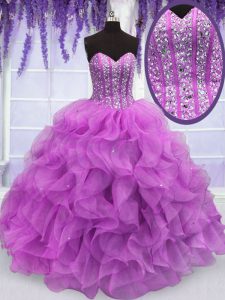 Artistic Lilac Quince Ball Gowns Military Ball and Sweet 16 and Quinceanera and For with Beading and Ruffles Sweetheart 