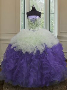Luxury White And Purple Sleeveless Beading and Ruffles Floor Length Quinceanera Gown