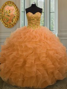 Orange Sweetheart Lace Up Beading and Ruffles Ball Gown Prom Dress Sleeveless