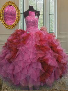 Vintage Organza Strapless Sleeveless Lace Up Beading and Ruffles Sweet 16 Quinceanera Dress in Multi-color