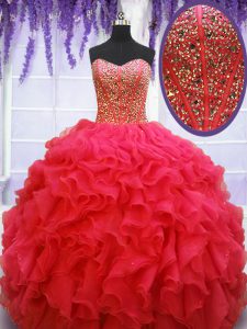 Comfortable Sleeveless Organza Floor Length Lace Up Vestidos de Quinceanera in Coral Red with Beading and Ruffles