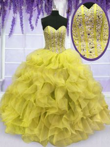 Cheap Floor Length Yellow Quince Ball Gowns Sweetheart Sleeveless Lace Up