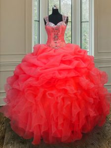Organza Straps Sleeveless Zipper Beading and Ruffles Quinceanera Gown in Coral Red