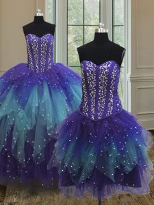 Three Piece Sleeveless Tulle Floor Length Lace Up Sweet 16 Dress in Multi-color with Beading and Ruffles and Sequins
