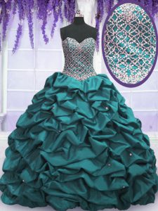 Teal Sleeveless Beading and Sequins and Pick Ups Floor Length 15th Birthday Dress