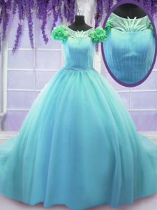 Blue Lace Up Scoop Hand Made Flower 15th Birthday Dress Tulle Short Sleeves Court Train