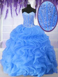 Sequins Blue Sleeveless Organza Lace Up Quinceanera Gowns for Military Ball and Sweet 16 and Quinceanera