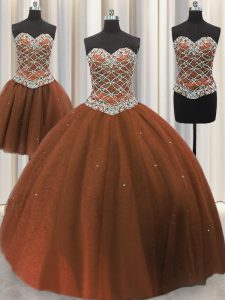 Shining Three Piece Sweetheart Sleeveless Ball Gown Prom Dress Floor Length Beading and Sequins Brown Tulle