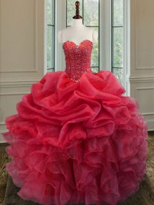 Dramatic Coral Red Lace Up Quince Ball Gowns Beading and Ruffles Sleeveless Floor Length