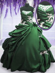 Dark Green Ball Gowns Strapless Sleeveless Taffeta Floor Length Lace Up Appliques and Pick Ups Ball Gown Prom Dress