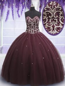 Dark Purple Ball Gowns Tulle Sweetheart Sleeveless Beading and Appliques Floor Length Lace Up Quince Ball Gowns