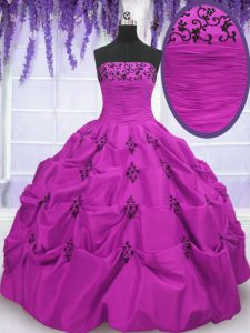 Fuchsia Ball Gowns Embroidery and Pick Ups Quinceanera Dresses Lace Up Taffeta Sleeveless Floor Length