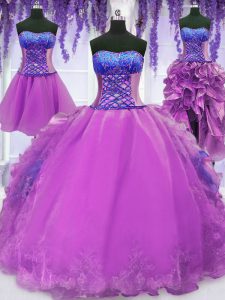 Classical Four Piece Purple Ball Gowns Embroidery and Ruffles Quinceanera Gown Lace Up Organza Sleeveless Floor Length