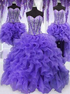Fantastic Four Piece Ruffled Floor Length Ball Gowns Sleeveless Lavender Sweet 16 Quinceanera Dress Lace Up
