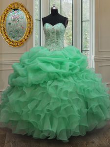 Trendy Strapless Sleeveless Quinceanera Dresses Floor Length Beading and Ruffles and Pick Ups Apple Green Organza