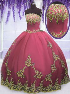 Classical Tulle Strapless Sleeveless Zipper Appliques Sweet 16 Dresses in Red