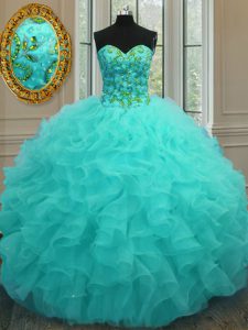 Simple Aqua Blue Lace Up Sweet 16 Quinceanera Dress Beading and Ruffles Sleeveless Floor Length
