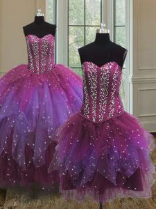 Extravagant Three Piece Multi-color Sweetheart Lace Up Beading Quinceanera Gowns Sleeveless