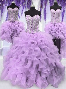 Four Piece Sequins Sweetheart Sleeveless Lace Up Sweet 16 Dresses Lavender Organza