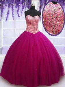 Hot Pink Sleeveless Beading Floor Length Quinceanera Dresses