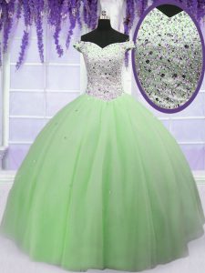 Off the Shoulder Short Sleeves Floor Length Beading Lace Up Sweet 16 Dresses with Apple Green
