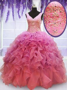 Pink V-neck Neckline Beading and Embroidery and Ruffles Sweet 16 Dress Sleeveless Lace Up