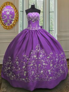 Eggplant Purple Ball Gowns Embroidery Sweet 16 Dress Lace Up Satin Sleeveless Floor Length