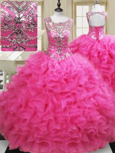 Ball Gowns Sweet 16 Quinceanera Dress Hot Pink Scoop Organza Sleeveless Floor Length Lace Up