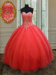 Sweetheart Sleeveless Ball Gown Prom Dress Floor Length Beading Coral Red Organza
