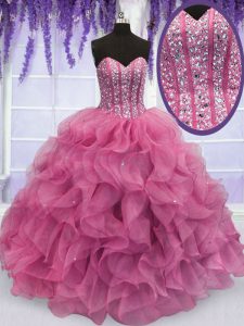 Modest Sleeveless Floor Length Beading and Ruffles Lace Up Sweet 16 Quinceanera Dress with Rose Pink