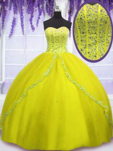 Tulle Sweetheart Sleeveless Lace Up Beading Ball Gown Prom Dress in Yellow Green