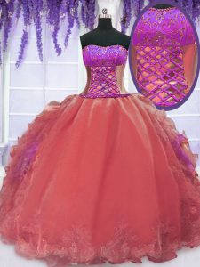 Graceful Floor Length Lace Up Quinceanera Dresses Watermelon Red for Military Ball and Sweet 16 and Quinceanera with Emb