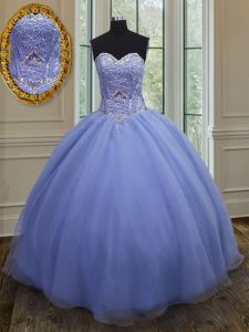 Floor Length Lace Up Ball Gown Prom Dress Lavender for Military Ball and Sweet 16 and Quinceanera with Beading