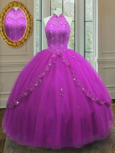 High-neck Sleeveless Tulle 15th Birthday Dress Beading and Appliques Lace Up