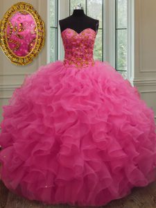 Admirable Ball Gowns 15 Quinceanera Dress Hot Pink Sweetheart Organza Sleeveless Floor Length Lace Up