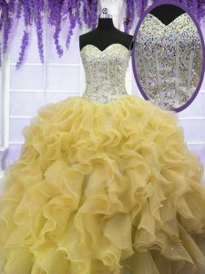 Gold Lace Up Sweetheart Beading and Ruffles 15 Quinceanera Dress Organza Sleeveless