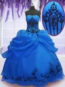 Unique Blue Lace Up Strapless Embroidery Sweet 16 Dresses Organza Sleeveless