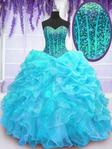 Floor Length Aqua Blue Quinceanera Gown Organza Sleeveless Beading and Ruffles and Pick Ups