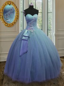 Eye-catching Blue Lace Up Sweetheart Beading and Ruching 15 Quinceanera Dress Tulle and Sequined Sleeveless