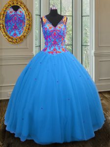 Cute Straps Sleeveless Quince Ball Gowns Floor Length Beading and Sequins Blue Tulle