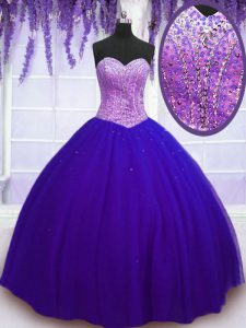 Blue Tulle Lace Up Sweet 16 Quinceanera Dress Sleeveless Floor Length Beading