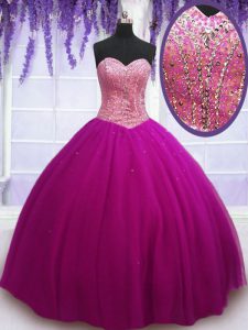 Fuchsia Tulle Lace Up Sweetheart Sleeveless Floor Length Sweet 16 Dress Beading