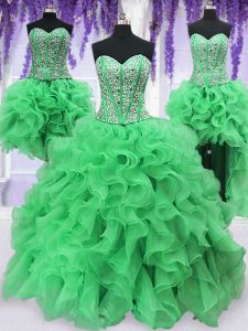 Fancy Four Piece Green Sleeveless Organza Lace Up Quinceanera Gown for Military Ball and Sweet 16 and Quinceanera